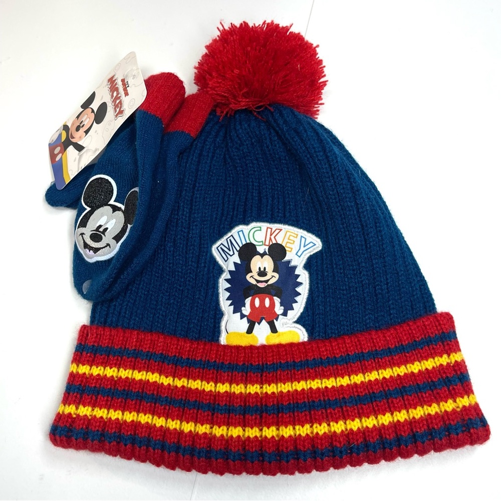 NWT Mickey Mouse Knit Stocking Hat & Mittens Red Blue Yellow Size Toddler
